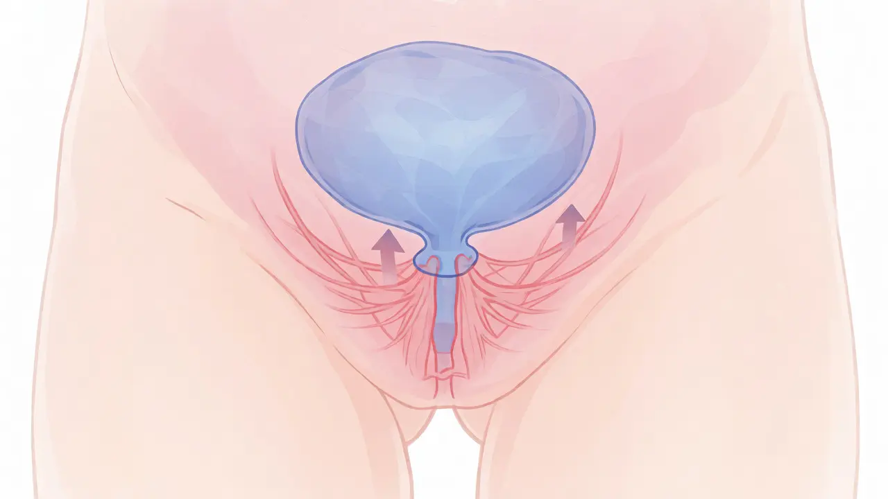 Ilustrace měchýře a svalů pánevního dna u dítěte