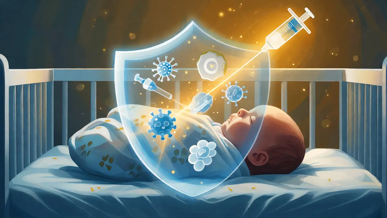 Ilustrace ochranného štítu kolem miminka proti šesti nemocem.