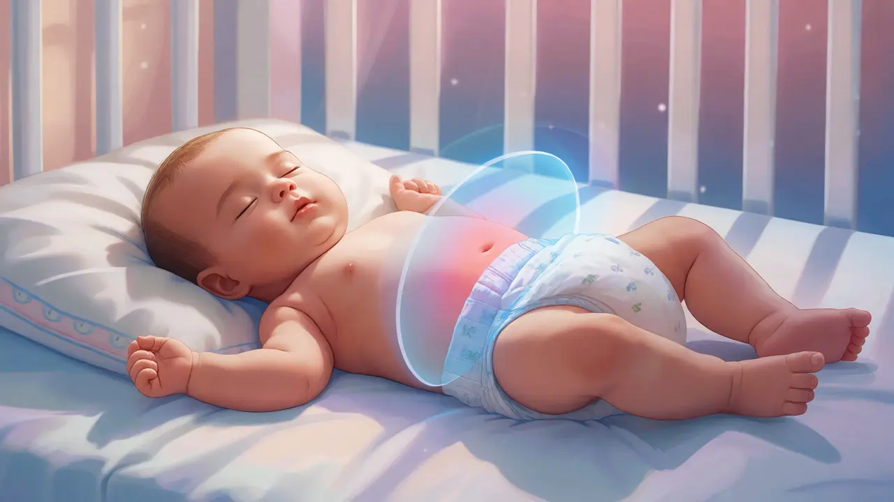 Ilustrace spícího miminka s vizuální metaforou zdravých ledvin filtrujících tekutiny z mléka.