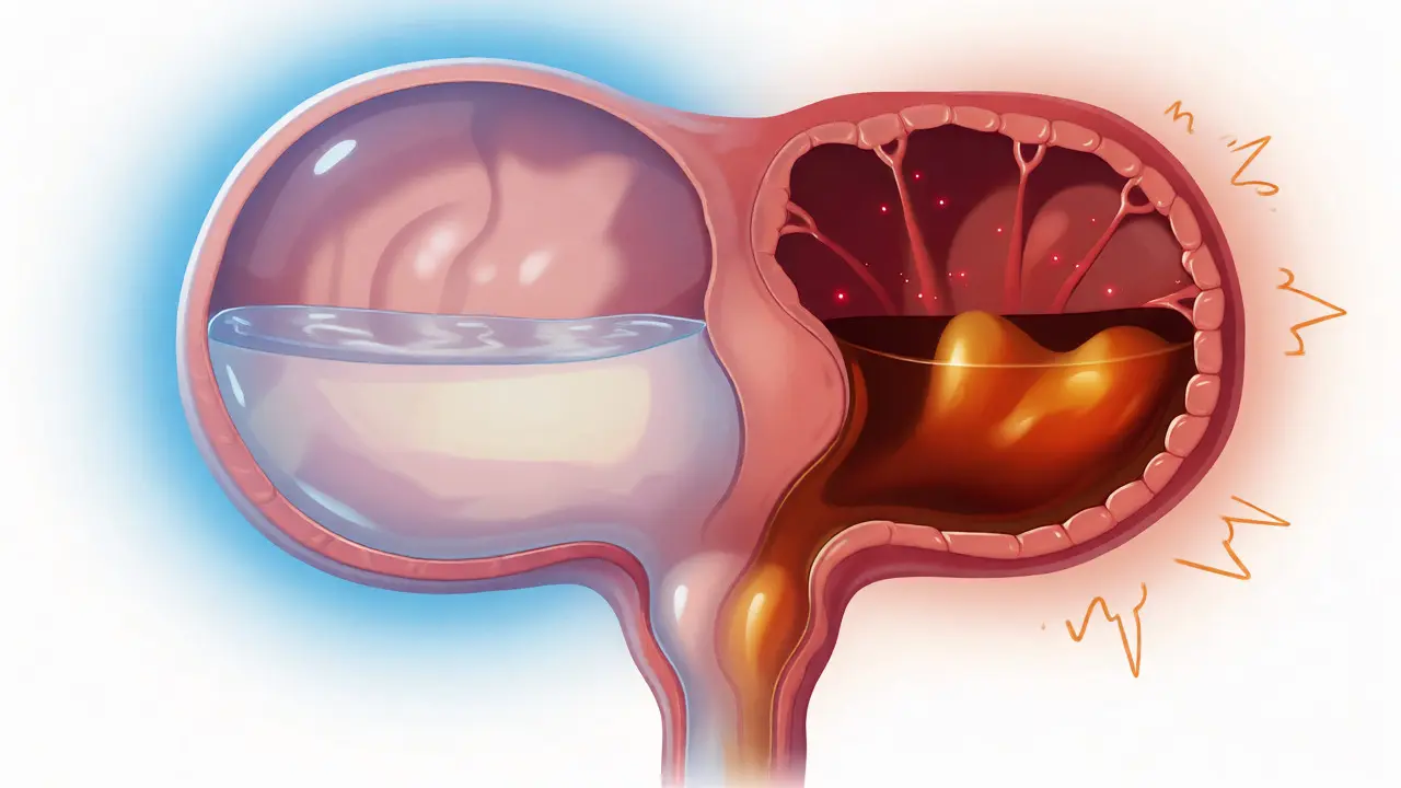 Ilustrace zdravého a podrážděného měchýře