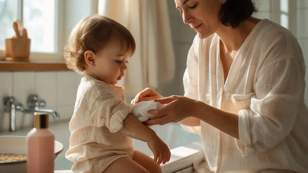 Matka aplikuje chladivý obklad nebo lotion na paži dítěte pro úlevu od svědění