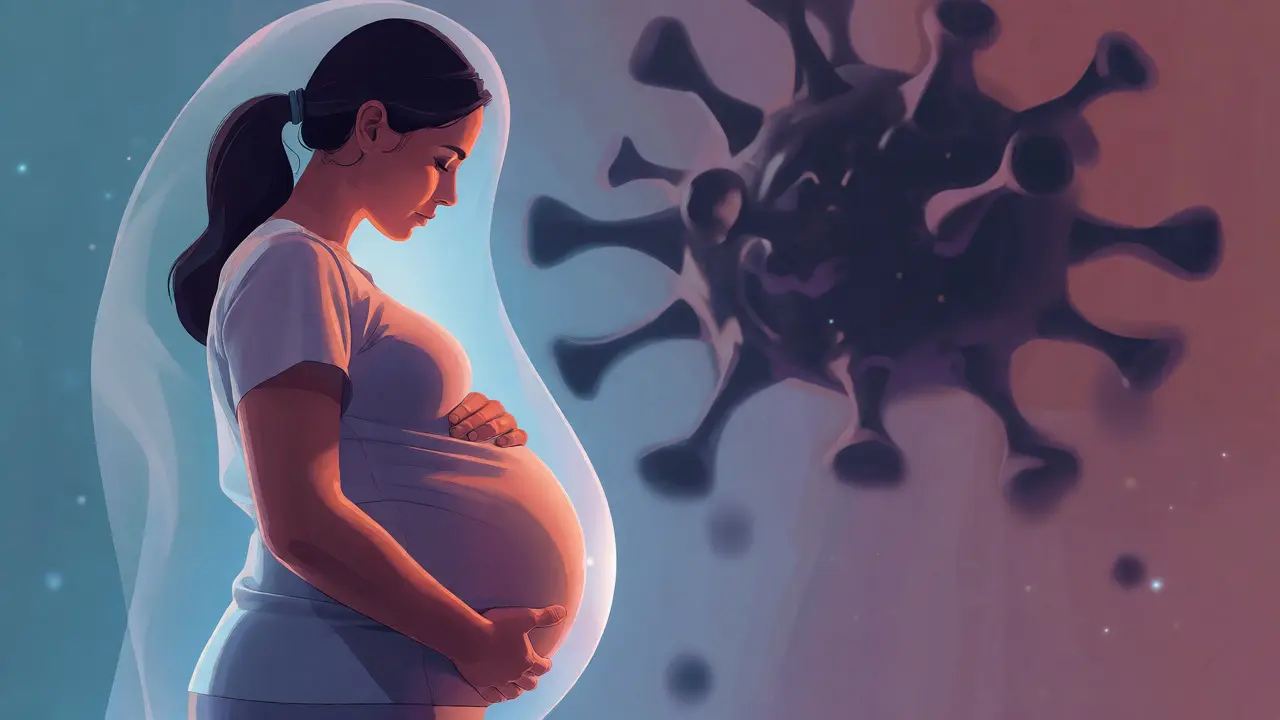 Těhotná žena s abstraktním symbolem rizika virové infekce pro plod