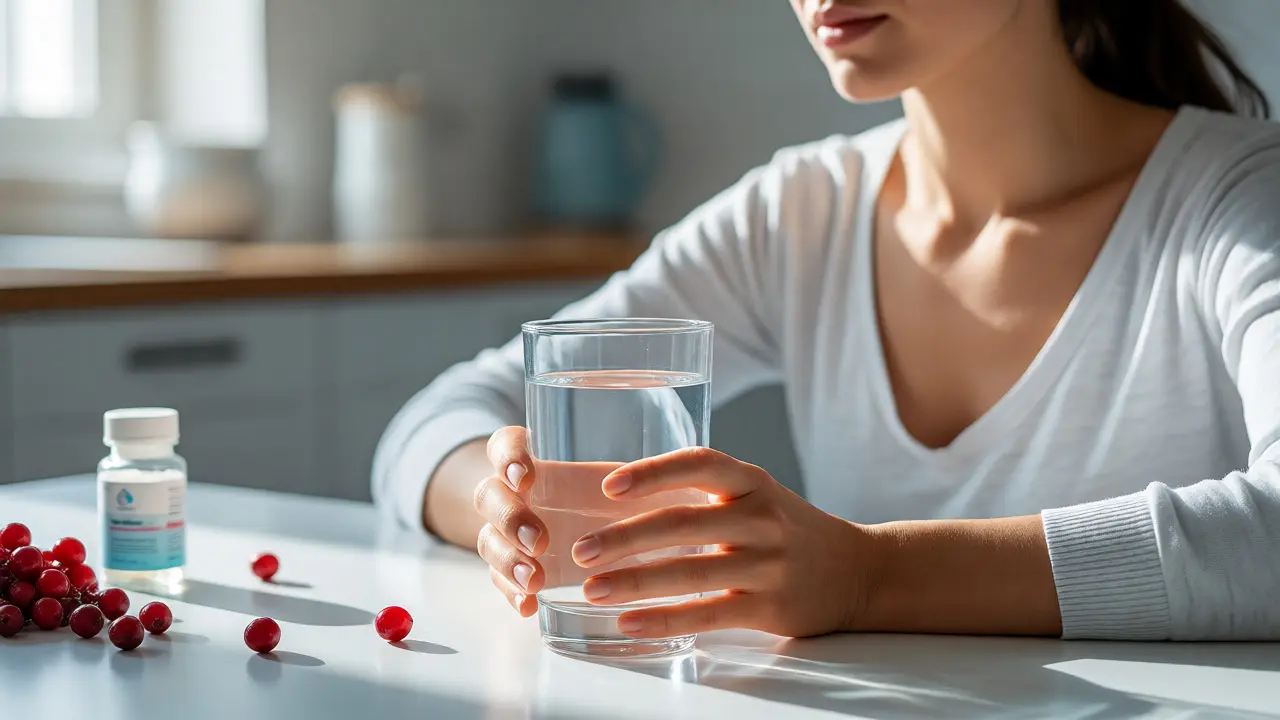 Žena pijící vodu s brusinkami na prevenci infekcí močových cest